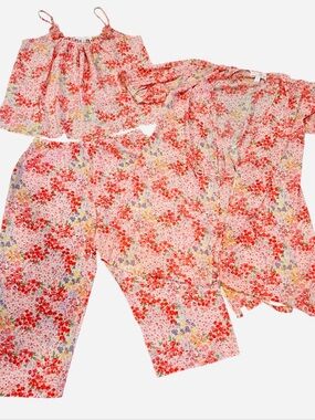 Vintage  Oscar de la Renta Pink Label Floral Pajama Set w/ Robe Belted Tie, M